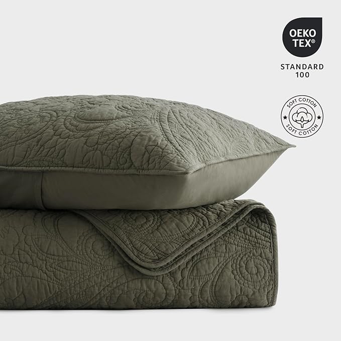 EVERGRACE 100% Cotton Paisley Quilt Set, King Size 3 Piece Set – Prewashed Lightweight Bedspread with 2 Shams, Soft & Breathable Matelasse Coverlet for All-Season Comfort, Olive Green