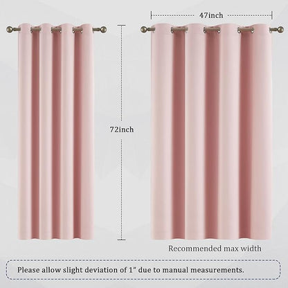 DUALIFE Pink Curtains for Bedroom 72 Inch Length Room Darkening Curtain for Girls Room Decoration Baby Pink Thermal Insulated Blackout Window Drape 52''x72'' Set of 2 Panels Grommet Top