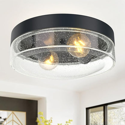 Flush Mount Ceiling Light Fixtures, 2-Light Farmhouse Light Fixtures Ceiling Mount with Seeded Glass Lampshade, Industrial Flush Mount Light Fixture Farmhouse for Hallway, Kitchen, Entryway and Foyer