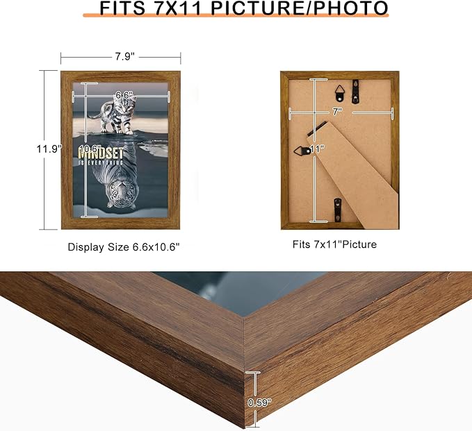 7x11 Picture Frame Rustic Brown, Distressed 11x7 Frame, Pic Hanging Poster Frame, 7 by 11 Gallery Family Portrait Wall Photo Frame Horizontal and Vertical Display for Wall Hanging/Tabletop