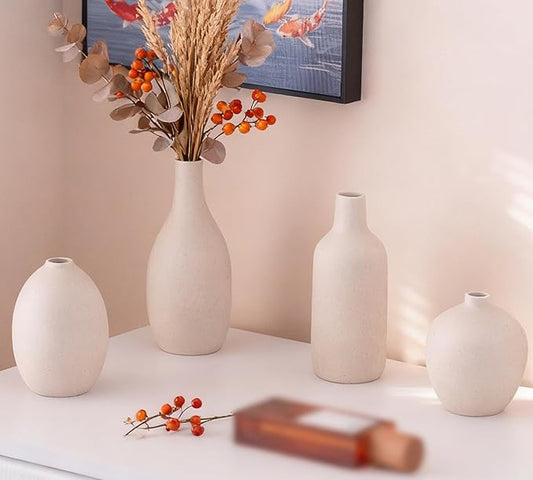 Beige Ceramic Vase Set of 4,Modern Farmhouse Decorative Vases for Entryway Mantel Centerpiece Bookshelf Console Table