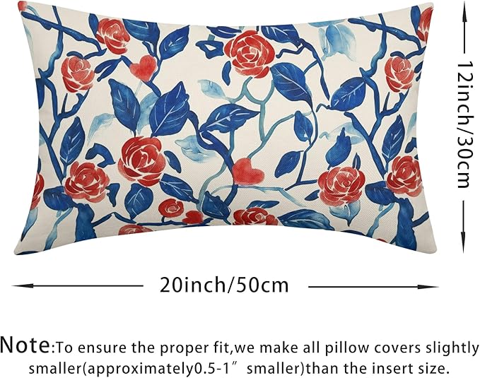 Valentines Day Pillow Covers 12x20 Set of 2 Blue Red Floral Throw Pillow Covers Flower Pillowcase Linen Decoration Farmhouse Holiday Cozy Soft Cushion Case Couch for Indoor Outdoor Home Decor