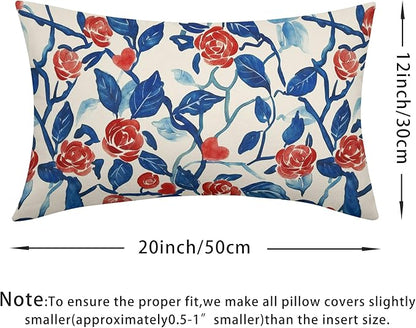 Valentines Day Pillow Covers 12x20 Set of 2 Blue Red Floral Throw Pillow Covers Flower Pillowcase Linen Decoration Farmhouse Holiday Cozy Soft Cushion Case Couch for Indoor Outdoor Home Decor
