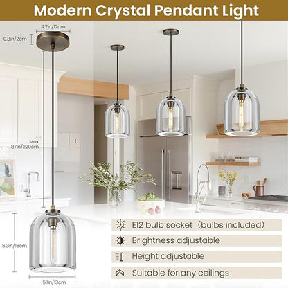 Crystal Aged Brass Pendant Light: 5.1" Dimmable Antique Copper Hanging Pendant Light Fixtures over Kitchen Island - Modern Luxury Cylinder Pendant Lighting for Bedroom Bathroom 3000k E12 Bulb Included
