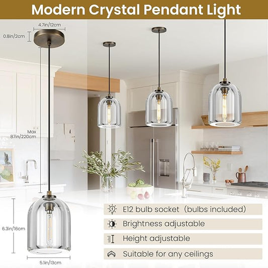 Crystal Aged Brass Pendant Light: Set of 2 Dimmable Antique Copper Hanging Pendant Light Fixtures over Kitchen Island - 5.1” Cylinder Modern Luxury Dining Room Pendant Lighting 3000k e12 Bulb Included