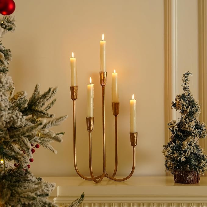 Cast Iron Candelabra 5-Taper Candle Holders, Golden Metal Candlestick Holders Tabletop Candles Stand, Decorative Table Centerpieces Mantel Decor, Antique Brass