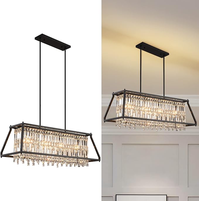 LMQNINE Chandeliers for Dining Room, 4-Light Trapezoidal Industrial Dining Room Light Fixture Farmhouse Chandelier Crystal Pendant Lights Kitchen Island Living Room (Black 35.43 inch)