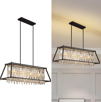 LMQNINE Chandeliers for Dining Room, 4-Light Trapezoidal Industrial Dining Room Light Fixture Farmhouse Chandelier Crystal Pendant Lights Kitchen Island Living Room (Black 35.43 inch)