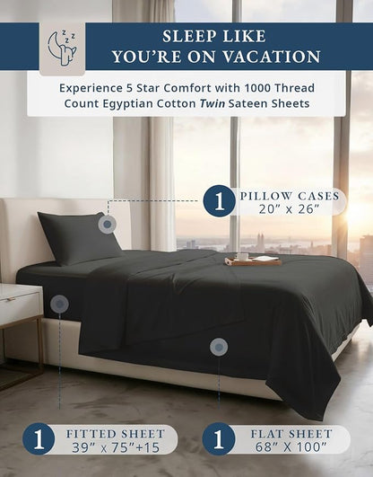 LANE LINEN 100% Egyptian Cotton Twin Sheet Set - 1000 Thread Count, Fully Elasticized Reinforced Seams Extra Deep Pocket Twin Sheet, No Pill Fade Resistant Cooling Bedding Sheet & Pillowcase - Black