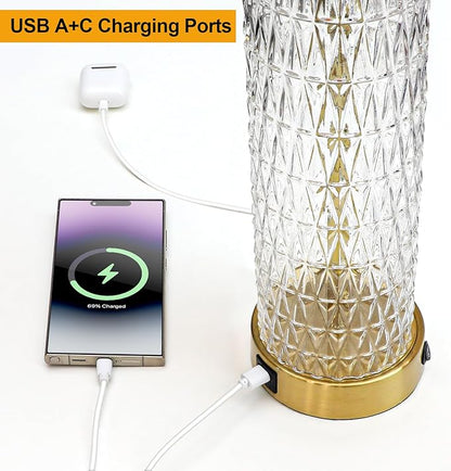 Oneach 27.75” Table Lamps Set of 2, Gold Modern Bedside Lamp with LED Night Light, USB A+C, Glass Lamps for Living Room, Bedroom, Nightstand, Office, End Table (2 Bulbs Included)