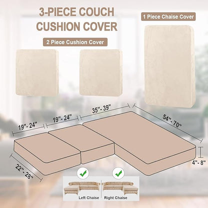 NAISI Sectional Couch Cover 3 Pieces Velvet Separate Couch Cushion Covers L Shape Soft Stretch Sofa Slipcovers with 2pcs Pillowcases for Left/Right Chaise Sectional Couch(2 Seater+1 Chaise,Beige)