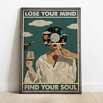 Framed Art Vintage Lose Your Mind Find Your Soul Poster Mental Health Quote Canvas Wall Art Posters Cool Unique Music Girl Print Painting Abstract Wall Decorfor Bed Room Bathroom 12x16in