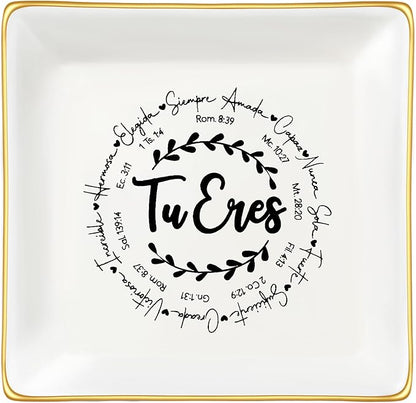 JoycuFF Christian Gifts for Girls Women Religious Ceramic Trinket Dish Tray for Womens Inspirational Faith Easter Catholic Christian Jewelry, Meaningful Communion Baptism Tu Eres