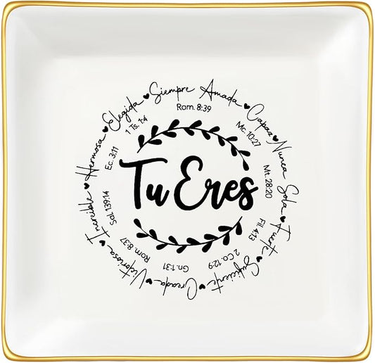 JoycuFF Christian Gifts for Girls Women Religious Ceramic Trinket Dish Tray for Womens Inspirational Faith Easter Catholic Christian Jewelry, Meaningful Communion Baptism Tu Eres
