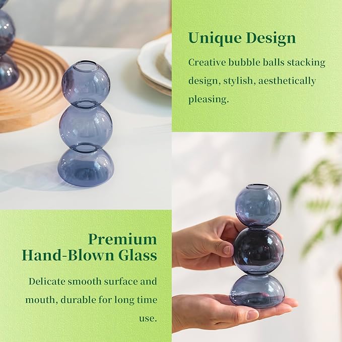 Glass Bubble Vases for Flowers, Hewory 2pcs Light Blue Unique Cute Single Flower Vase for Centerpieces, Funky Aesthetic Vase Skinny Bud Vase, Cool Groovy Decor for Living Room Bedroom Office Tabletop