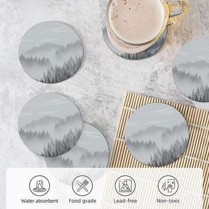 6 Pcs Ceramic Coasters with Holder Absorbent Drink Round Mountains Forest Fog Design for Home Table Coffee Cup Wine Beer Bar,Size 4.4 inches