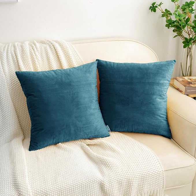 HWY 50 Ocean Blue Velvet Throw Pillow Covers 16x16 Inch, Pack of 2 Soft Cozy Solid Decorative Luxury Cushion Cases for Couch Sofa Bed Living Room Bedroom