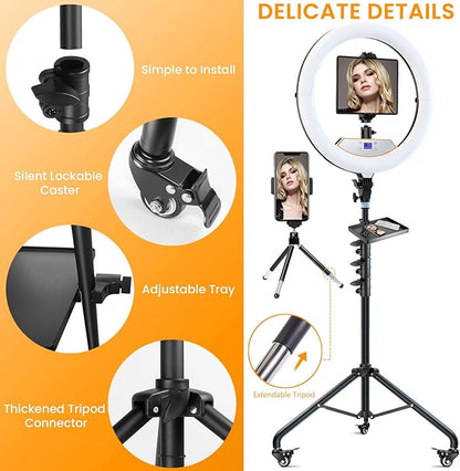22" Large Ring Light with Stand, Upgraded Foldable LED Big Ringlight with 75" Tripod & Mini Tripod Wheel Tray for Live Tattoo Makeup Video Recording Barber Photography