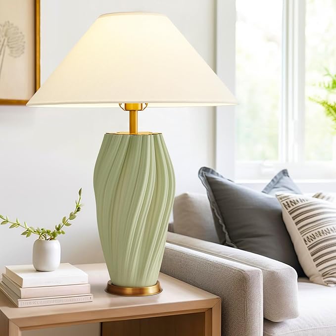 Modern Large Ceramic Table Lamps 24.5", Sage Green Plug in Table Lamp Decorative for Living Room Office Bedroom Bedside Nightstand (Textured)