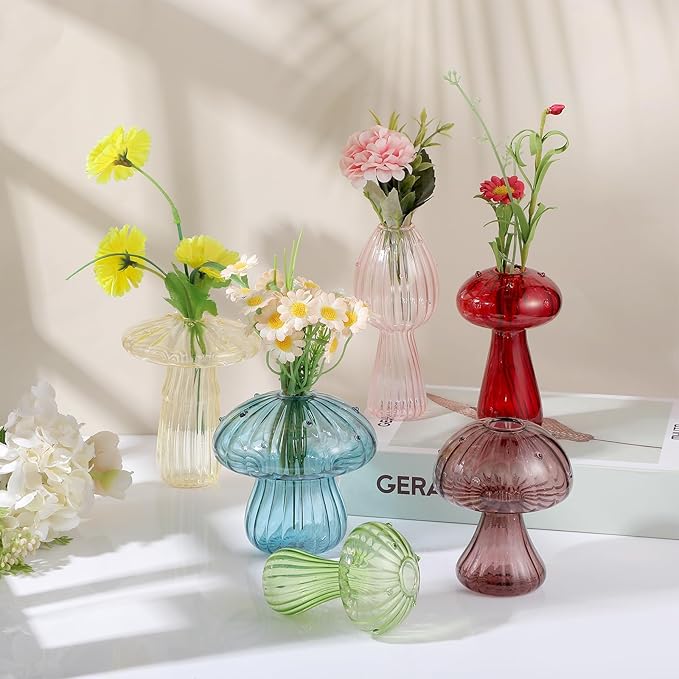 Mushroom Vase, Set of 6 Colored Flower Vase, Propagation Stations Vases, Glass Vases for Decor, Small Bud Vases Home Decor Small Cute Mushroom Planter for Room Office Decoration