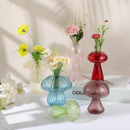 Mushroom Vase, Set of 6 Colored Flower Vase, Propagation Stations Vases, Glass Vases for Decor, Small Bud Vases Home Decor Small Cute Mushroom Planter for Room Office Decoration