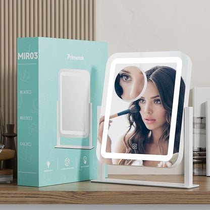 PRIMETEK Vanity Mirror with Lights, 16"x14" Large LED Lighted Makeup Mirror, Hollywood Makeup Mirror, Touch Screen, 3-Color Lighting, 5X Magnification, for Vanity Desk Tabletop, Bedroom, White