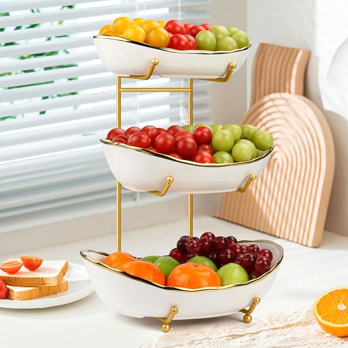 Fruit Basket for Kitchen Counter, 3 Tier Fruit Basket, Ceramic Fruit Bowl, Fruit Bowl for Kitchen Counter, Porcelain Fruit Stand Storage Holder, Large Capacity Fruit Holder for Dessert, Snack(White)