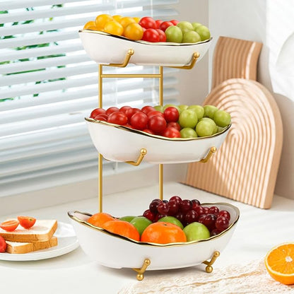 Fruit Basket for Kitchen Counter, 3 Tier Fruit Basket, Ceramic Fruit Bowl, Fruit Bowl for Kitchen Counter, Porcelain Fruit Stand Storage Holder, Large Capacity Fruit Holder for Dessert, Snack(White)
