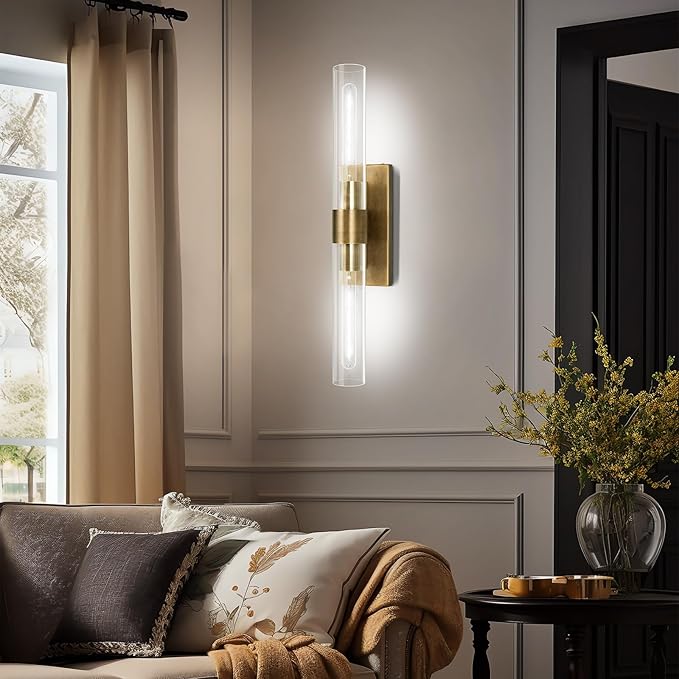 Brass and Glass Wall Sconces, 22.8" Vanity Lights for Bathroom 2 Lights, Horizontal or Vertical Linear Gold Wall Lamp, Indoor Sconces Wall Lighting, Tube Sconce for Living Room, Hallway