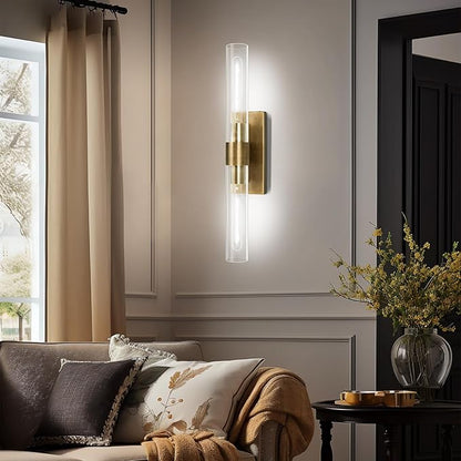 Brass Wall Sconces Set of Two, 22.8" Sconces Wall Lighting 2-Light, Gold Bathroom Wall Sconces, Glass Vanity Lights, Indoor Wall Sconce for Bathroom, Bedroom, Living Room, Hallway