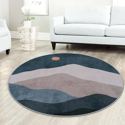 5ft Boho Round Classroom Rug,Abstract Washable Non-Slip Mountain Area Circle Rug,Soft Mountain Low-Pile Circle Throw Rugs for Living Room Sofa Dining Room Decor(Blue)