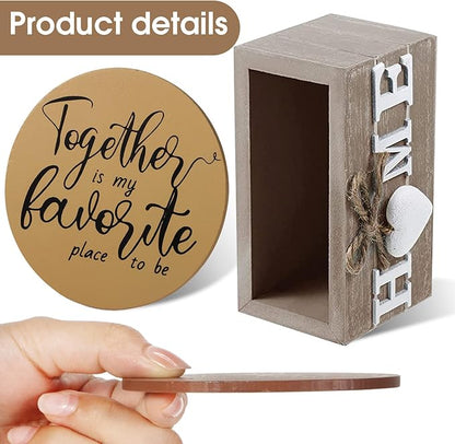Queekay Coasters Set of 6 House Warming Gifts New Home Wooden Farmhouse Drink Coasters with Holder 4'' Funny Decoration for Kitchen Family Coffee Bar Tabletop Protection(Brown)