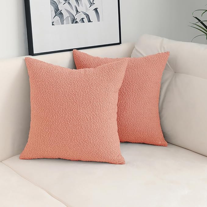 Jeneoo Coral Pink Decorative Square Thick Throw Pillow Covers Fine Textured Boucle Couch Cushion Cases for Sofa Decor, Set of 2, 20 x 20 Inch