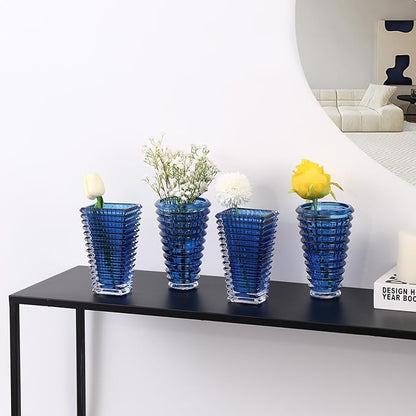 MCMCNCUIU Crystal Flower Vase Set of 4, Glass Vases for Centerpieces, Blue Vases for Flowers, Small Vase for Living Room, Bedroom, Kitchen, Office, Wedding