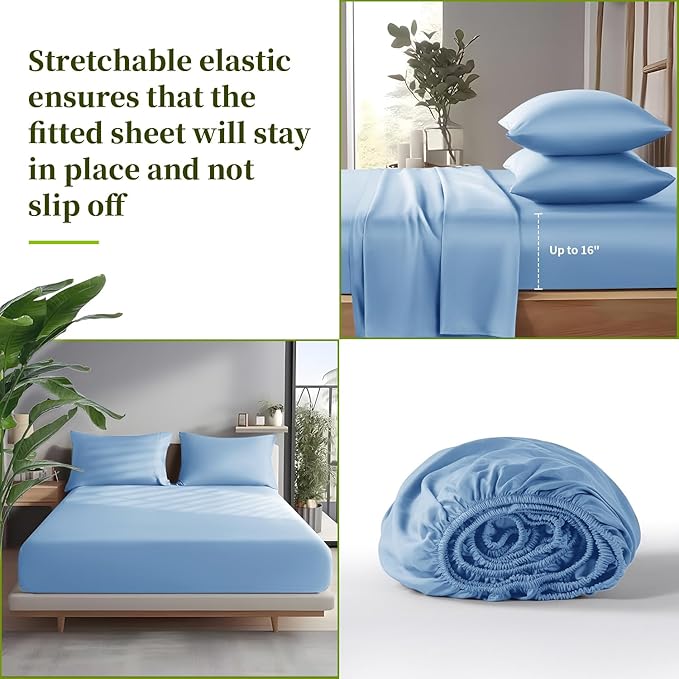 Shilucheng 100% Viscose Derived from Bamboo_ Sheets Cal King Size 4pcs - Ultra Cooling & Silky Soft Bed Sheets, 16" Deep Pocket, Perfect for Hot Sleepers, Hotel Bedding Sheets(Lake Blue)