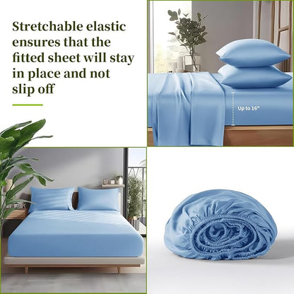 Shilucheng 100% Viscose Derived from Bamboo_ Sheets Cal King Size 4pcs - Ultra Cooling & Silky Soft Bed Sheets, 16" Deep Pocket, Perfect for Hot Sleepers, Hotel Bedding Sheets(Lake Blue)