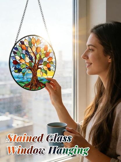 Stained Glass Window Hanging, Colorful Tree of Life Suncatcher for Door Home Decor, Glass Panel Sunrise Sun Catcher Ornament Mother's Day Birthday Gifts for Women Men Mom 7.8 in