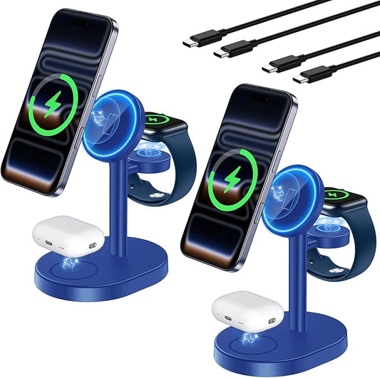 2025 3 in 1 Wireless Charging Station for Apple MagSafe Charger, 15W Fast Magnetic Mag-Safe Charger Stand for iPhone 17 16 15 14 13 12 iWatch AirPods 2 Pack (Adaptor Not Included)