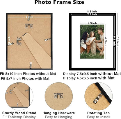 8x10 Picture Frame with 5x7 Mat Set of 2, Display Photo 5x7 with Mat or 8x10 without Mat, 8 by 10 Wall Poster Photo Frame with Shatter Resistant Plexiglass for Wall or Tabletop, 2 Pack, Black