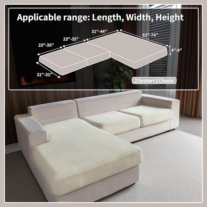 Sectional Couch Covers, Wear Resistant Stretch Sofa Covers Washable Soft Couch Cushion Covers Anti Slip Furniture Protector Sofa Slipcovers for Pets(3 Pieces 2 Seaters+1 Chaise, Ivory)