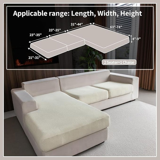Sectional Couch Covers, Wear Resistant Stretch Sofa Covers Washable Soft Couch Cushion Covers Anti Slip Furniture Protector Sofa Slipcovers for Pets(3 Pieces 2 Seaters+1 Chaise, Ivory)