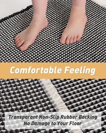 AMOAMI Upgraded Waffle Runner Rug Super Absorbent Non Slip Bath Mats for Bathroom Machine Washable Bathroom Runner Rug with Tassels, Ideal for Hallway Bedroom Laundry Room, 2' x 4', Black & Cream