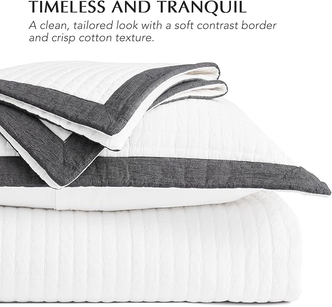 EVERGRACE Cotton Border Frame Tack-Stitch Quilt Bedding Set Queen Size, Coastal Oversized 3 Pieces Lightweight Bedspread Coverlet for All Season, with 2 Matching Shams, Washed Black