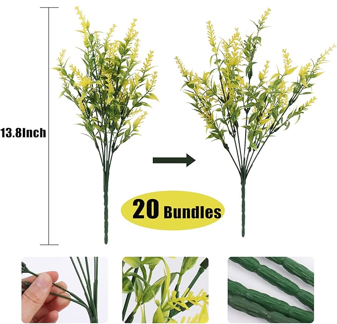 RECUTMS 20 Bundles Outdoor Artificial Flower UV Resistant Fake Stems Plants, Faux Plastic Greenery for Indoor Outside Hanging Plants Garden Porch Window Box Home Wedding Farmhouse Décor(Yellow)