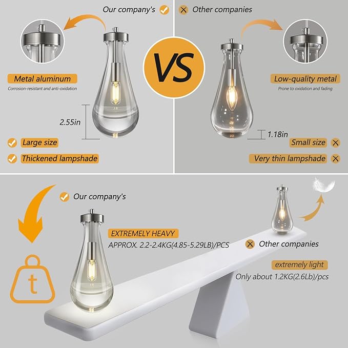Raindrop Pendant Lights Kitchen Island Teardrop Nickel Hanging Light Fixtures Clear Solid Glass Pendant Light Modern Chandeliers for Dining Room Porch Corridor Living Room(1-Pack)