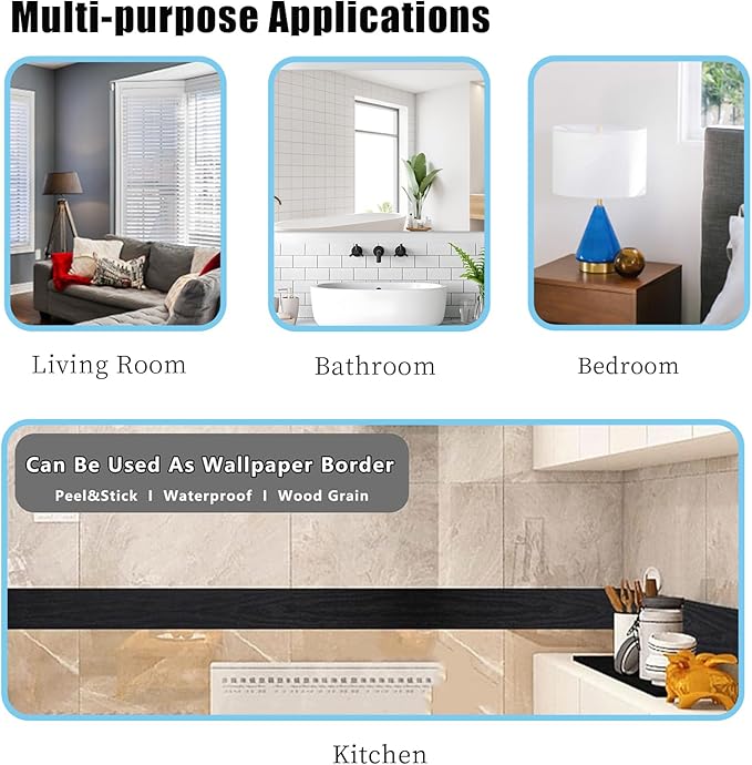 10M Black Wood Grain Removable PVC Waterproof Border Wall Decor Removable Self Adhesive Kitchen Bathroom Tiles Sticker Wallpaper 4.2x390 (4inch)
