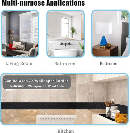10M Black Wood Grain Removable PVC Waterproof Border Wall Decor Removable Self Adhesive Kitchen Bathroom Tiles Sticker Wallpaper 4.2x390 (4inch)