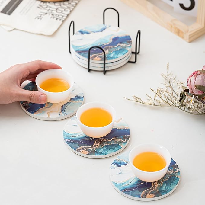 Ceramic Drink Coasters Set of 6 with Holder, Modern Marble Absorbent Ceramic Coasters, Round Ceramic Table Coasters for Home Decor Coffee Kitchen (4 Inches), Lake Blue