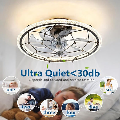 Rustic Black Ceiling Fan with Light, Farmhouse Chemistry Molecular Model Caged Ceiling Fan with Remote, LED Low Profile Ceiling Light for Bedroom Kitchen Living Room