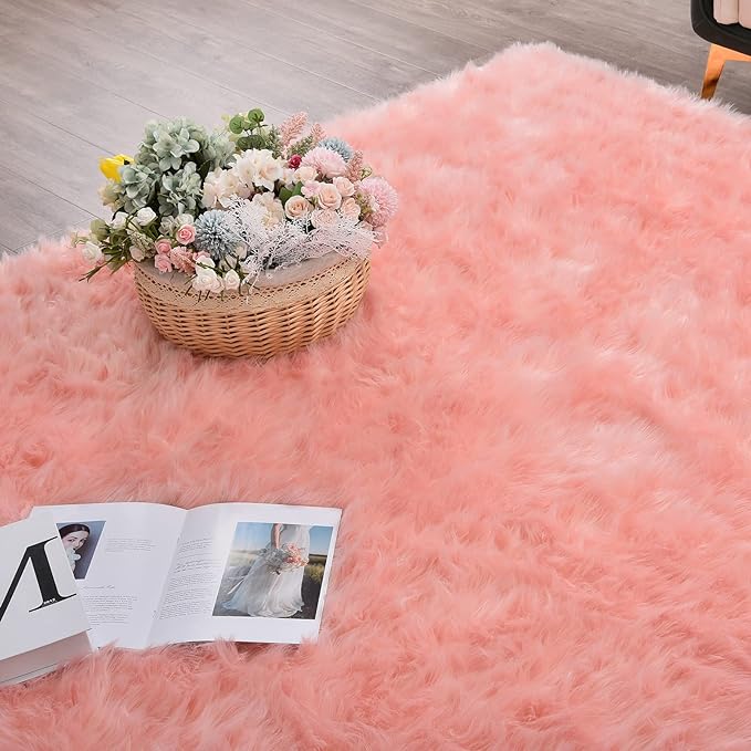 Pink Faux Sheepskin Fluffy Fur Rugs for Bedroom Machine Washable Fuzzy Area Rugs for Living Room Runner Rugs for Hallway 2x6